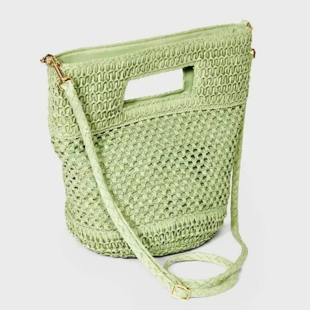 Green Crossbody Bag Straw Detachable Strap Interior Pockets Cutout Handles NWT
